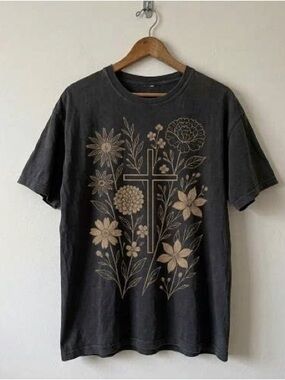 Gildan Black Tee with Beige Floral Cross Graphic